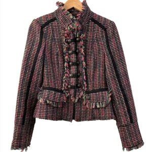 Y2K Womens Tweed Multicolor Boucle Blazer Jacket Military Style Navy Pink XS